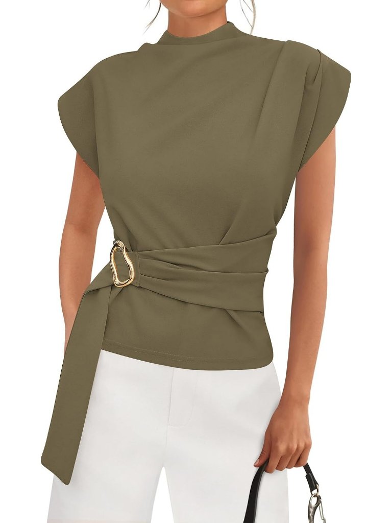 Women's Green Mock Neck Cap Sleeve Blouse Belted Business Casual Office Top